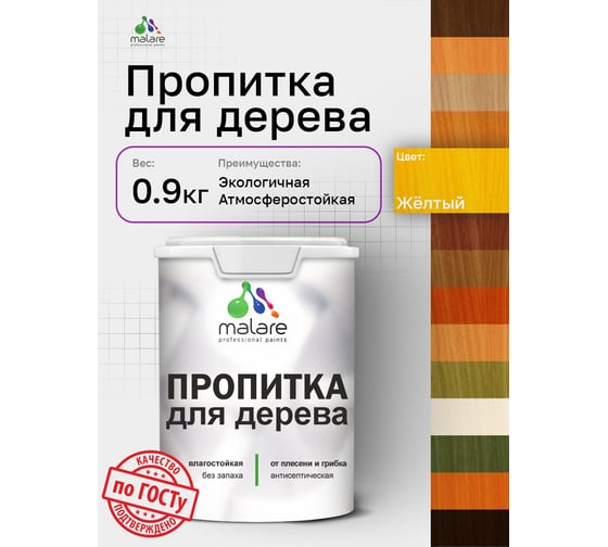 Пропитка для дерева MALARE от плесени и грибка с антисептическим эффектом, без запаха, полуматовая, желтый, 0,9 л 4660504766435