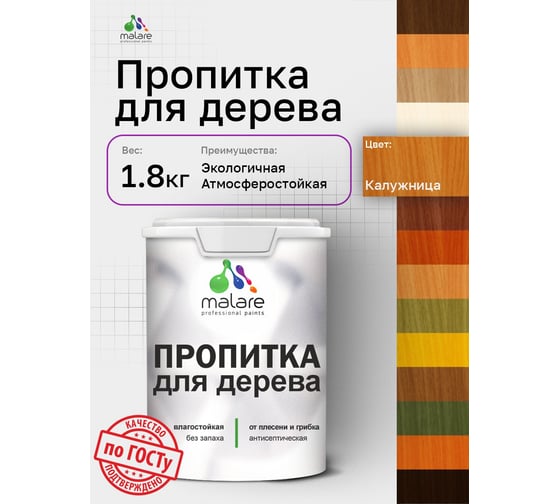 Пропитка для дерева MALARE от плесени и грибка с антисептическим эффектом, без запаха, полуматовая, калужница, 1,8 л 4660504766237