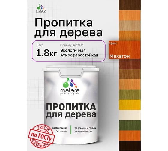 Пропитка для дерева MALARE от плесени и грибка с антисептическим эффектом, без запаха, полуматовая, махагон, 1,8 л 4660504766244