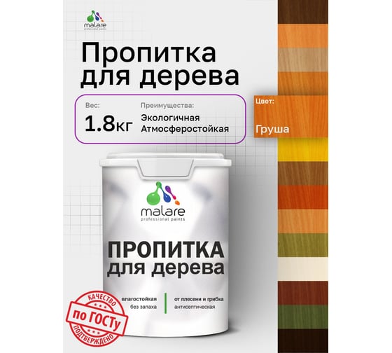 Пропитка для дерева MALARE от плесени и грибка с антисептическим эффектом, без запаха, полуматовая, груша, 1,8 л 4660504766190