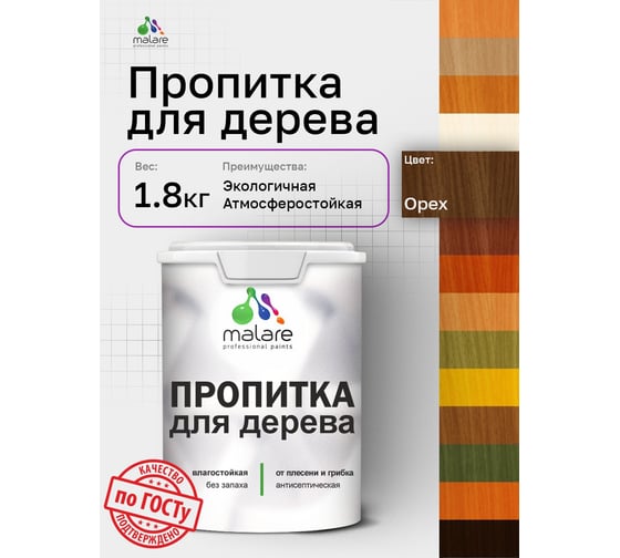 Пропитка для дерева MALARE от плесени и грибка с антисептическим эффектом, без запаха, полуматовая, орех, 1,8 л 4660504766268