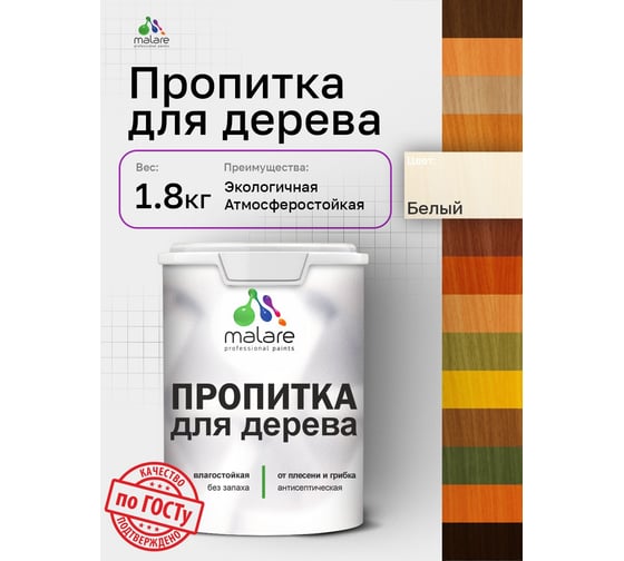 Пропитка для дерева MALARE от плесени и грибка с антисептическим эффектом, без запаха, полуматовая, белый, 1,8 л 4660504766176