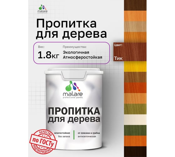 Пропитка для дерева MALARE от плесени и грибка с антисептическим эффектом, без запаха, полуматовая, тик, 1,8 л 4660504766305