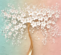 Обои Красивое золотое 3D дерево с белыми цветами на цветном фоне Топ Фотообои флизелин, 300х270 см 02-6076-F-3