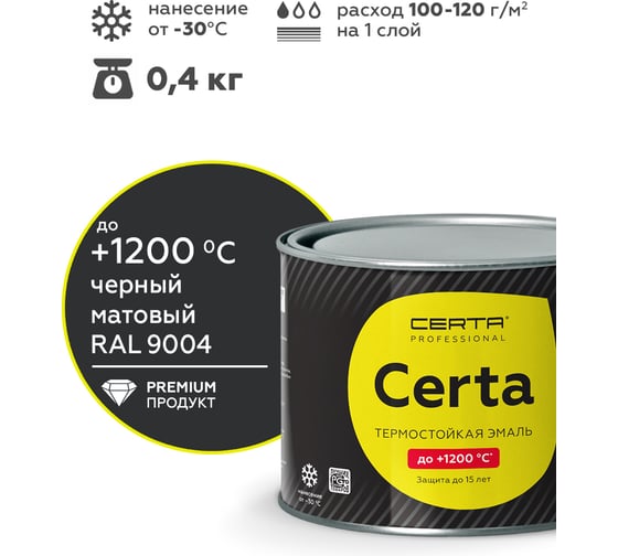 Краска термостойкая антикоррозионная Certa до 1200С, черный матовый RAL 9004, 0,4 кг CPR00118