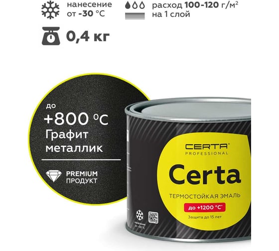 Эмаль термостойкая антикоррозионная Certa HS до 800С, графит металлик, 0,4 кг CHS00068