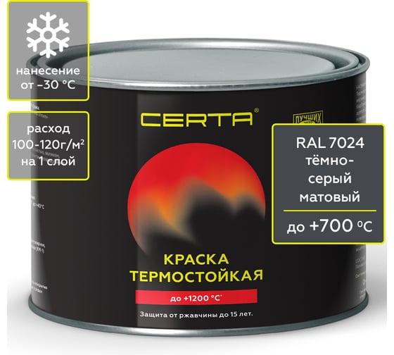 Краска термостойкая антикоррозионная Certa до 700С, темно-серый RAL 7024, 0,4 кг CPR00108