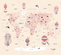 Обои Карта путешественника для детей с животными, самолетами на бежевом фоне с элементами розового цвета Топ Фотообои флизелин, 300х270 см 09-1094-F-3