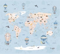 Обои Карта путешественника для детей с животными, самолетами на голубом фоне Топ Фотообои флизелин, 300х270 см 09-1101-F-3