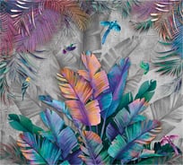 Обои Разноцветные листья и птицы на сером фоне Топ Фотообои флизелин, 300х270 см 26-1031-МF-3