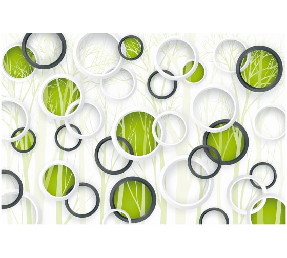 Обои Природа 3D белые и черные круги на бело-зеленом фоне деревьев Топ Фотообои флизелин, 400х270 см 02-5047-F-4 1