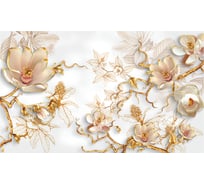 Обои Ветви под золото с белыми 3D цветами на белом фоне Топ Фотообои флизелин, 300х180 см 02-2016-МF-32