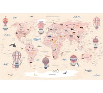 Обои Карта путешественника для детей с животными, самолетами на бежевом фоне с элементами розового цвета Топ Фотообои флизелин, 200х129 см 09-1094-MV-4