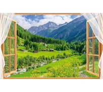 Обои Открытое окно с пейзажем альпийской деревни и лугов на фоне гор Топ Фотообои флизелин, 200х129 см 03-1251-MV-4