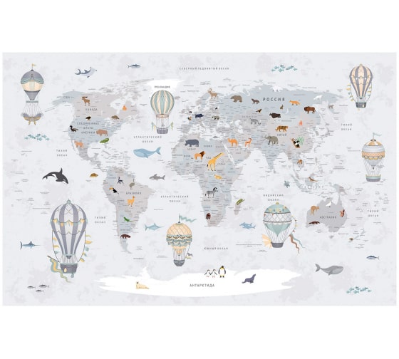 Обои Карта путешественника для детей с животными, самолетами на сером фоне с элементами серо-зеленого цвета Топ Фотообои флизелин, 200х129 см 09-1103-MV-4 1