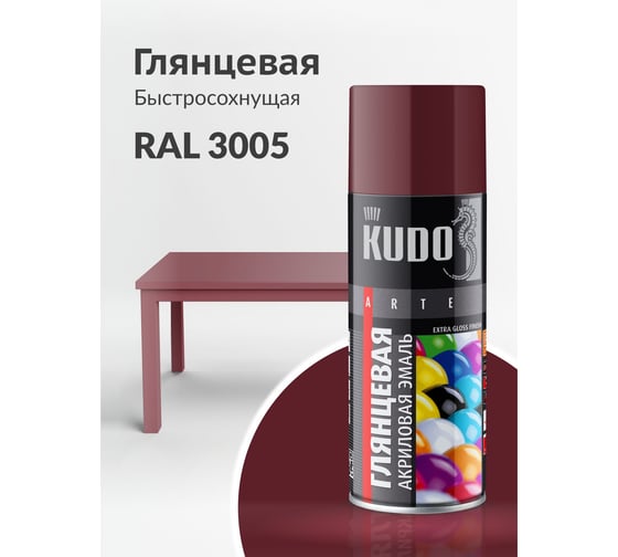 Аэрозольная краска в баллончике KUDO быстросохнущая акриловая универсальная глянцевая RAL 3005 винно-красная KU-A3005