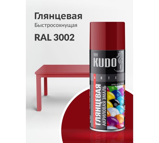 Аэрозольная краска в баллончике KUDO быстросохнущая акриловая универсальная глянцевая RAL 3002 тёмно-красная высокоглянцевая KU-A3002