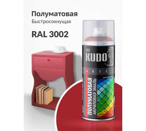 Аэрозольная краска в баллончике KUDO быстросохнущая акриловая универсальная полуматовая SATIN RAL 3002 карминно-красная KU-0A3002
