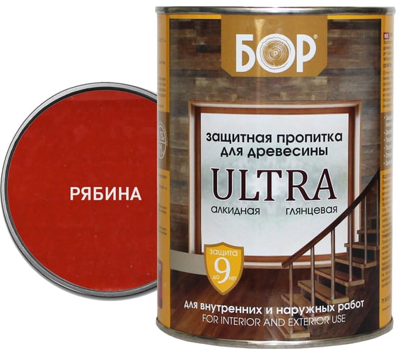 Защитная пропитка для дерева Бор Ultra для наружных работ, рябина 0,75 кг 4690417089215