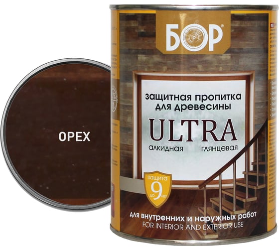 Защитная пропитка для дерева Бор Ultra для наружных работ, орех 8 кг 4690417079575