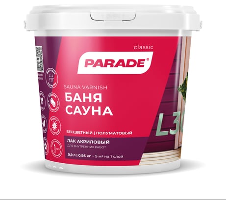 Лак для саун акриловый PARADE L30 Сауна & Баня п/мат 0,9 л Россия 90003239880