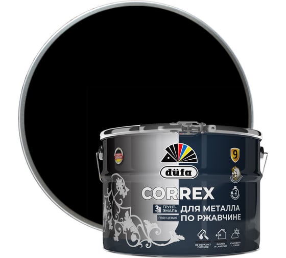Грунт-эмаль Dufa CORREX 3 в 1 для металла по ржавчине RAL-9005 черный 10 л МП00-013661 1