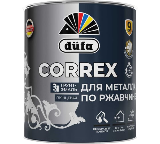 Грунт-эмаль Dufa CORREX 3 в 1 для металла по ржавчине RAL-9005 черный 0.75 л МП00-013659 1