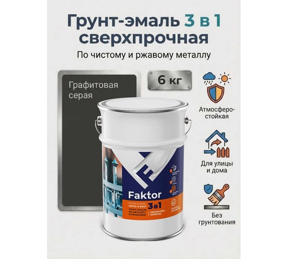 Грунт-эмаль FAKTOR на ржавчину 3 в 1 графитовая серая RAL 7024, барабан 20 кг, Ярославские краски 219357