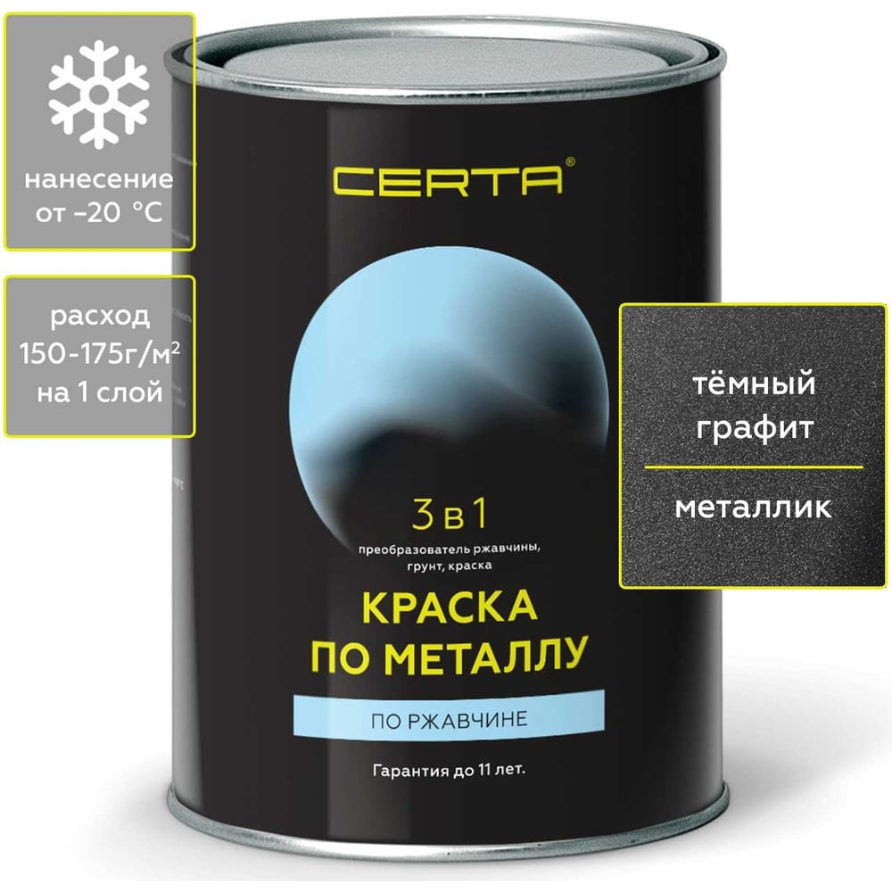 Краска по металлу CERTA 3 в 1 (по ржавчине; матовое покрытие; гладкая;  графит темный; 0.8 кг) KRGL0033 - выгодная цена, отзывы, характеристики,  фото - купить в Москве и РФ