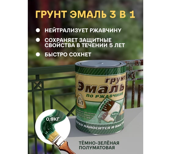 Грунт-эмаль 3 в 1 White House (темно-зеленая; 0.9 кг) 15439