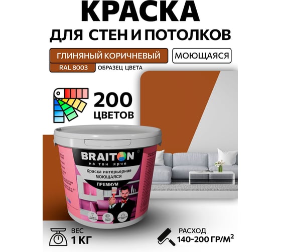 Краска ВД интерьерная BRAITON paint Премиум моющаяся, 1 кг, цвет Глиняный коричневый RAL 8003 kraskavdpremiumbraiton80031