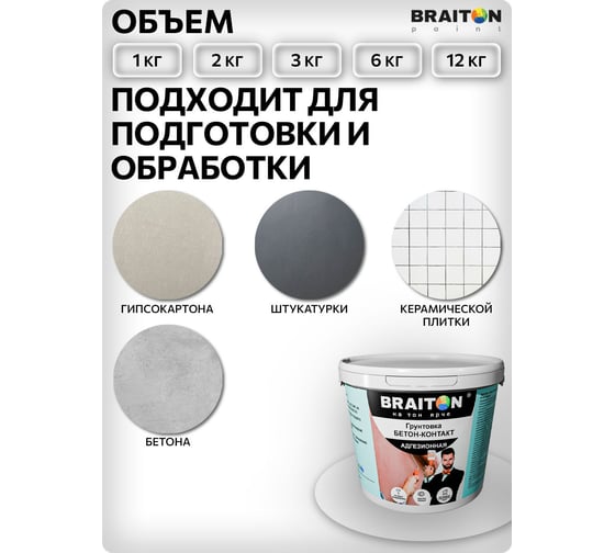 Грунтовка BRAITON paint водно-дисперсионная, Бетон-контакт, 1 кг gbbk1
