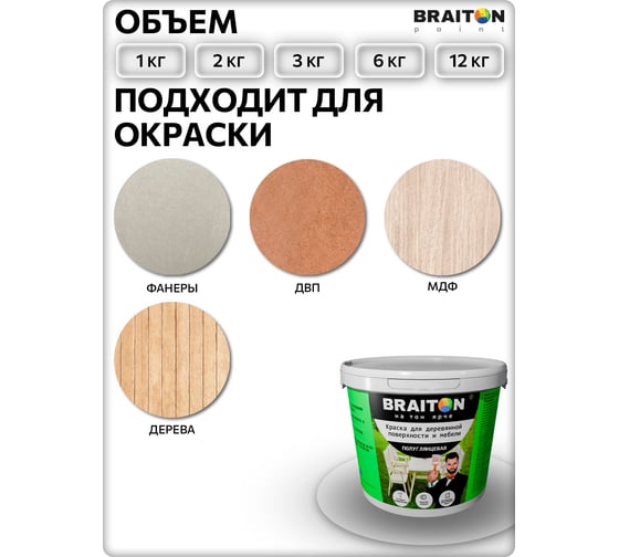 Краска ВД фасадная BRAITON paint для деревянной поверхности и мебели полуглянцевая 6 кг kfdimglbr6