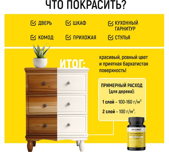 Акриловая краска для мебели и интерьера WALNUT теплый белый, 800 г, WLN0779