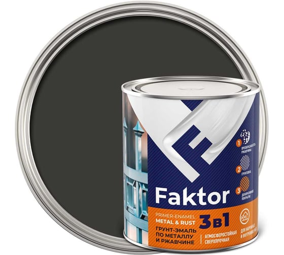 Грунт-эмаль ЯРОСЛАВСКИЕ КРАСКИ FAKTOR на ржавчину 3 в1 графитовая серая RAL 7024, банка 219354