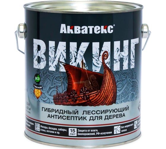 Антисептик для дерева АКВАТЕКС ВИКИНГ лессирующий, полуматовый, калужница, 2.5 л 220974 1