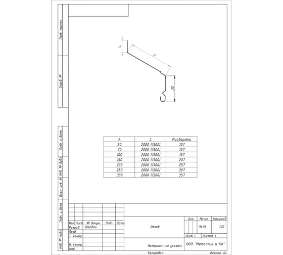 Отлив МЕТАЛЛИК И КО 150x2000; Оц 0.40 (RAL 8017) в пленке О0000051341