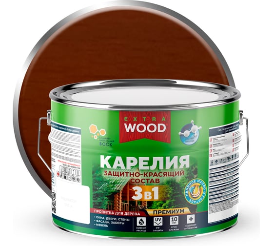 Защитно-красящий состав Farbitex 3в1 для древесины Карелия Тик (9 л) WOOD EXTRA 4300016992 1