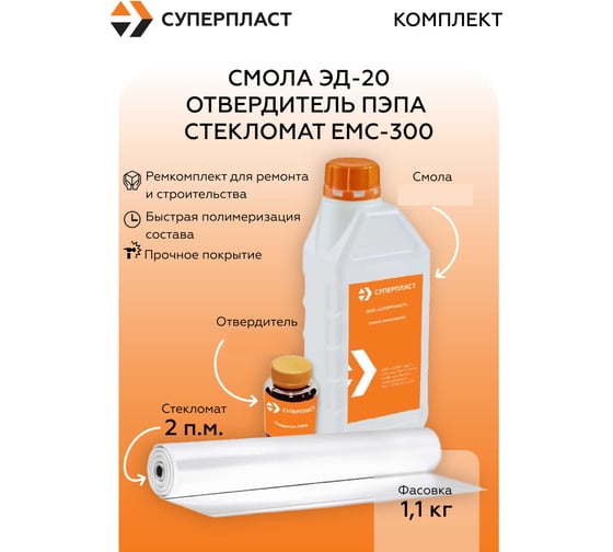 Смола Суперпласт ЭД-20 + отвердитель ПЭПА + стекломат ЕМС-300 (1,1 кг+2 п.м.) 4687207073554 1