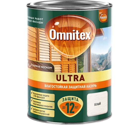 Влагостойкая лазурь Omnitex by Pinotex Ultra Белый 0,9л 50035857 1