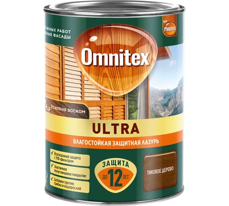 Влагостойкая лазурь Omnitex by Pinotex Ultra Тиковое дерево 0,9л 50035811