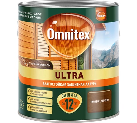 Влагостойкая лазурь Omnitex by Pinotex Ultra Тиковое дерево 2,5л 50035810