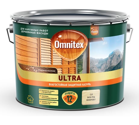 Влагостойкая лазурь Omnitex by Pinotex Ultra база CLR 9л 50035771