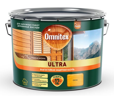 Влагостойкая лазурь Omnitex by Pinotex Ultra Сосна 9л 50035910
