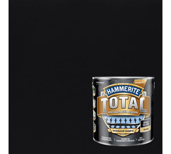Краска для всех видов металлов HAMMERITE TOTAL (по ржавчине; матовая; RAL 9005 черный; 2.2 л) 5576158