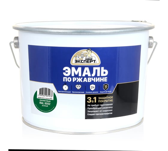 Эмаль Эксперт по ржавчине 3 в 1 полуматовая, зеленый RAL 6002, 10 кг 28332