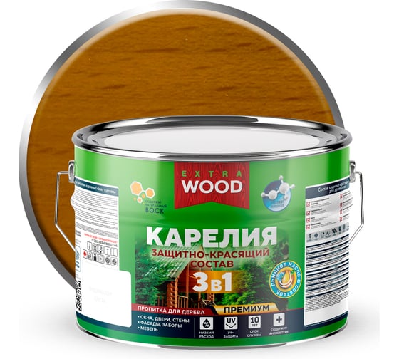 Защитно-красящий состав 3в1 для древесины FARBITEX Карелия Дуб, 9 л, WOOD EXTRA 4300016981 1