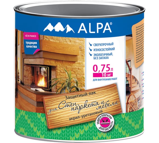 Лак акрил-уретановый для стен, паркета и мебели ALPA глянцевый 0,75л (0,8 кг) 3488570030356 1