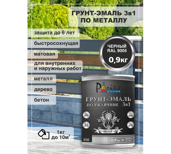 Эмаль-грунт алкидная 3 в 1 черная 0,9 кг Paritet PD-019