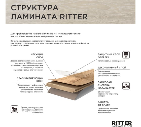Ламинат RITTER ORGANIC 34 Дуб Остия, 34 класс, толщина 12 мм, 1.492 кв.м 34967229